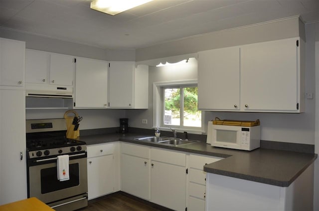 2690 E Lake St, Harbor Springs, MI 49740 - kitchen with sink, stainless steel gas range oven, crown molding, dark hardwood / wood-style floors, and white cabinets