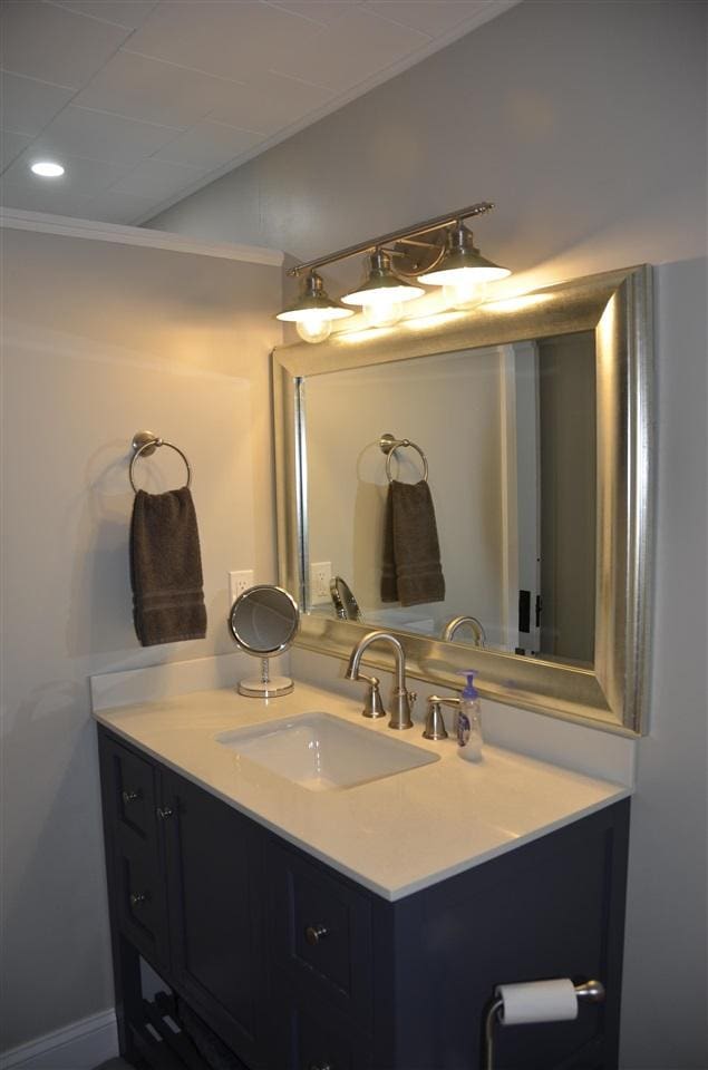 2690 E Lake St, Harbor Springs, MI 49740 - bathroom featuring vanity and ornamental molding