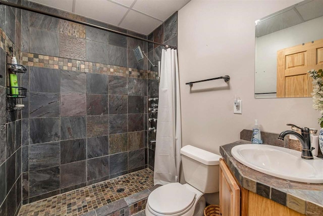 bathroom with vanity, toilet, and curtained shower