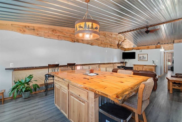 dining room featuring lofted ceiling and dark hardwood / wood-style floors