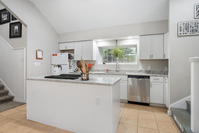 kitchen with white refrigerator, dishwasher, sink, and white cabinets