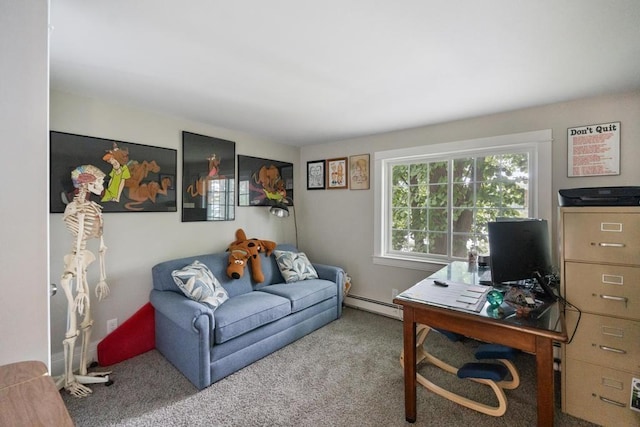 home office with a baseboard heating unit and carpet