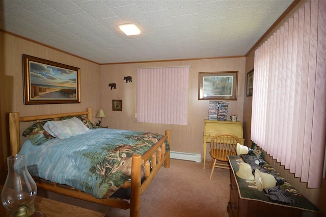 carpeted bedroom with a baseboard radiator and ornamental molding