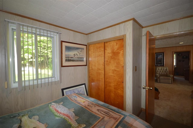 carpeted bedroom with wooden walls, crown molding, and a closet