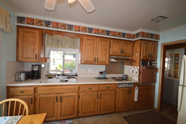 kitchen featuring ornamental molding, sink, ceiling fan, and white appliances