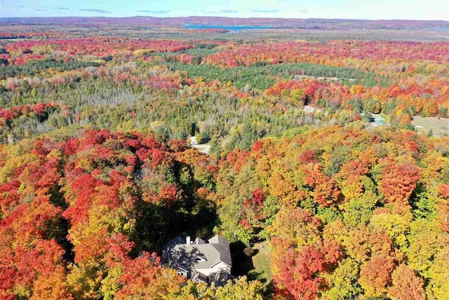 bird's eye view with a wooded view