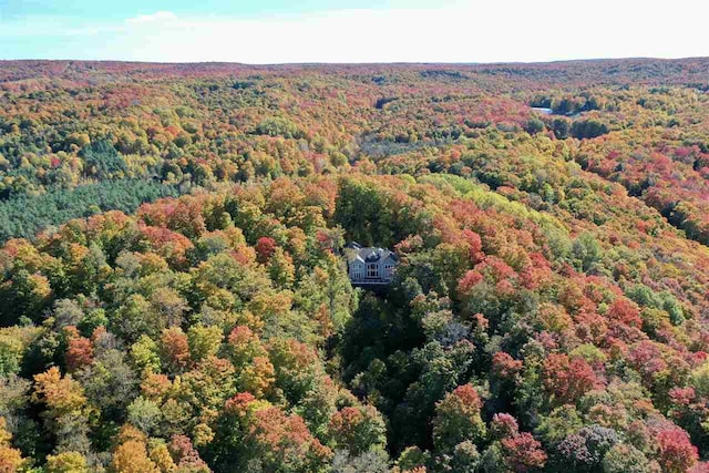 bird's eye view featuring a wooded view