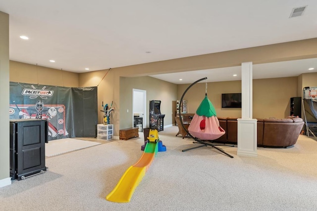 game room featuring baseboards, carpet, visible vents, and recessed lighting