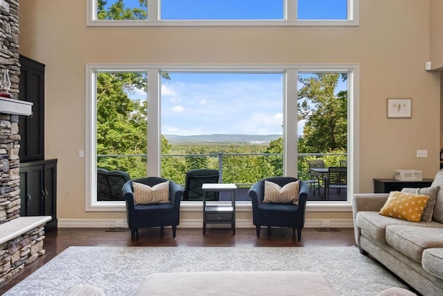 living area featuring a fireplace, a high ceiling, a mountain view, wood finished floors, and baseboards