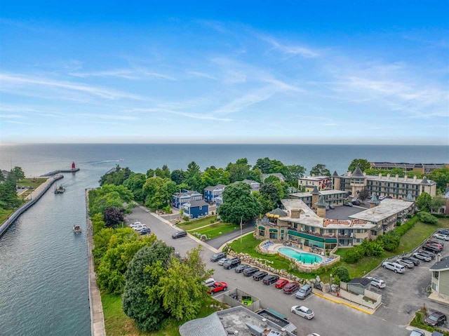 bird's eye view with a water view