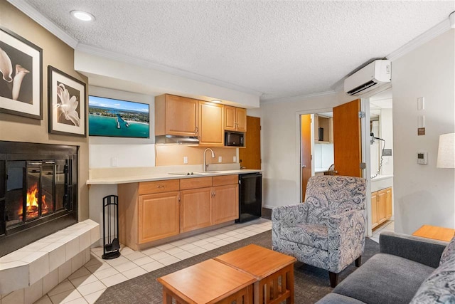 living room featuring a fireplace, a textured ceiling, light tile patterned flooring, sink, and a wall unit AC