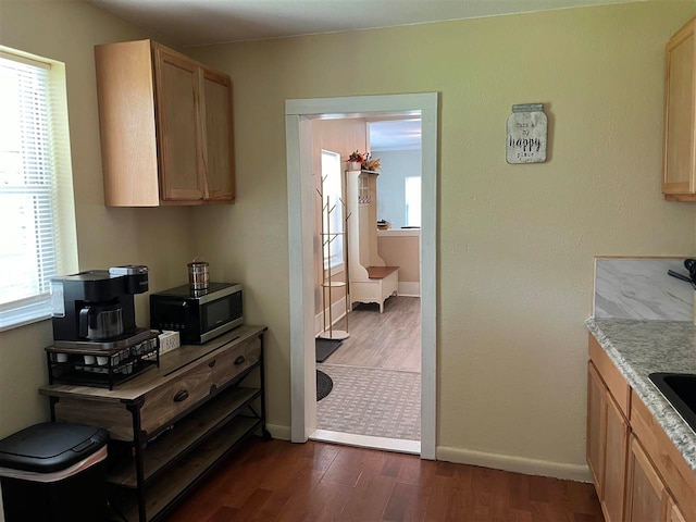 kitchen with dark hardwood / wood-style floors, a healthy amount of sunlight, and light brown cabinetry