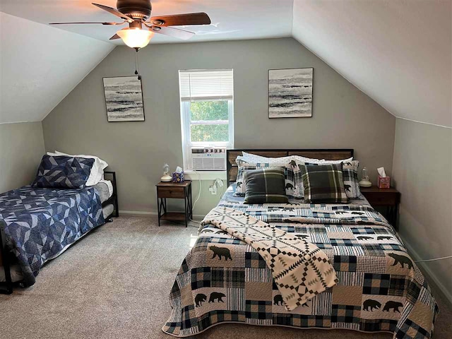 carpeted bedroom with lofted ceiling, cooling unit, and ceiling fan