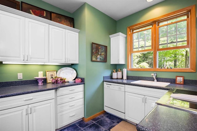 kitchen featuring a sink, dark countertops, white dishwasher, and white cabinetry