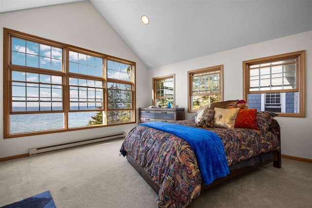 bedroom featuring baseboards, baseboard heating, high vaulted ceiling, and carpet