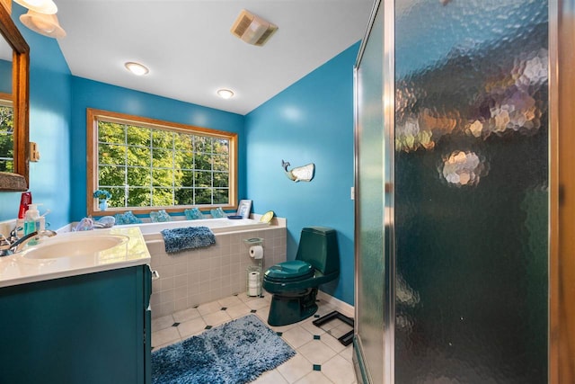 full bath featuring visible vents, toilet, a stall shower, tile patterned floors, and vanity