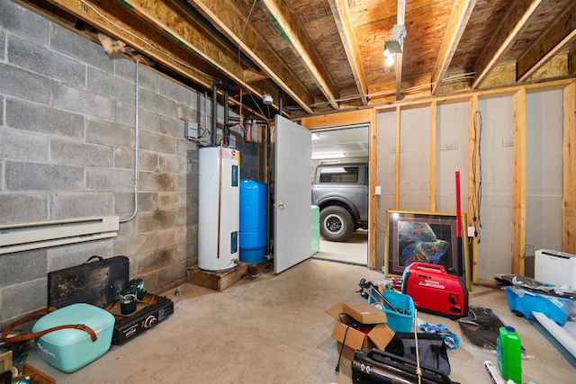 unfinished basement featuring concrete block wall and electric water heater