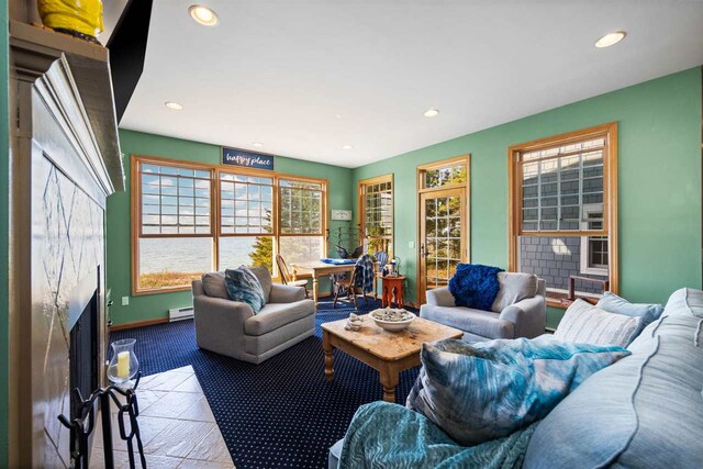 living room featuring a fireplace and carpet