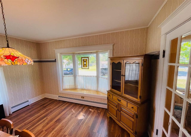 interior space with a baseboard radiator, crown molding, and dark wood-type flooring