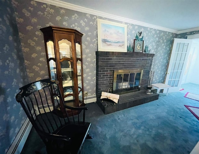 carpeted living room featuring crown molding, a baseboard radiator, french doors, and a brick fireplace