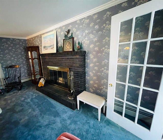 living room with a brick fireplace, ornamental molding, and carpet