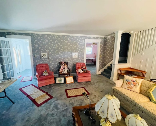 carpeted living room featuring crown molding