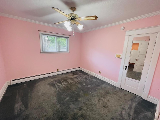 spare room featuring crown molding, dark carpet, baseboard heating, and ceiling fan