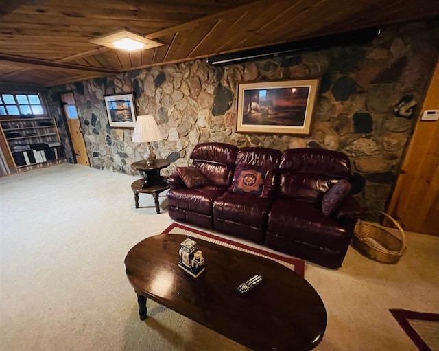 carpeted living room featuring wood ceiling