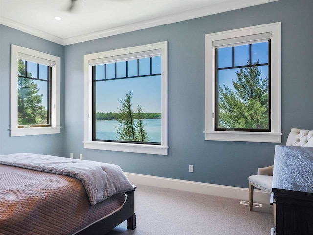 11305 Evergreen Ln, Charlevoix, MI 49720 - carpeted bedroom featuring ornamental molding, baseboards, and a water view