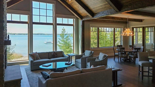 living room with beam ceiling, a chandelier, high vaulted ceiling, a water view, and dark wood-type flooring