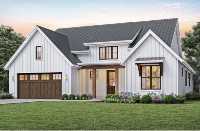 modern farmhouse style home with a garage and a yard