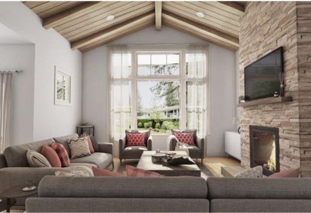 living room featuring a wealth of natural light, beam ceiling, high vaulted ceiling, and a stone fireplace