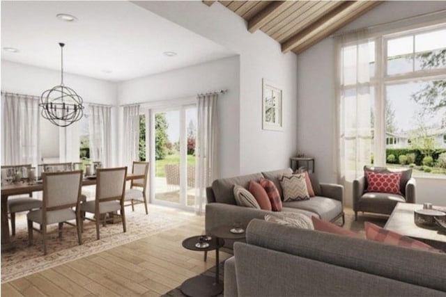 living room with hardwood / wood-style flooring, an inviting chandelier, and vaulted ceiling with beams