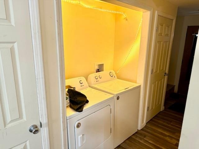 washroom with independent washer and dryer and dark wood-type flooring