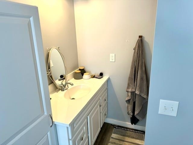 bathroom with hardwood / wood-style floors and vanity