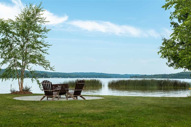 surrounding community featuring a water view and a yard