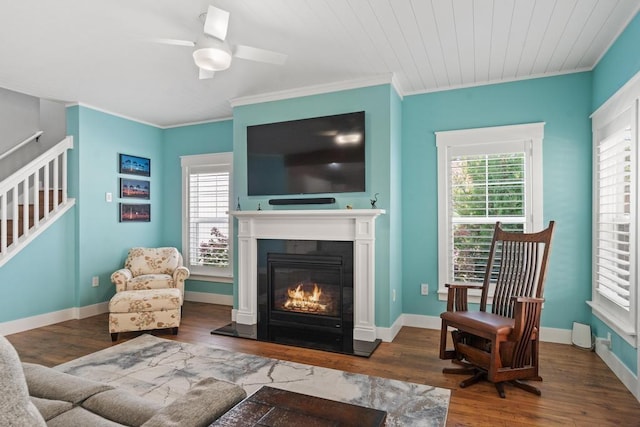 sitting room with stairway, dark wood-type flooring, a glass covered fireplace, ornamental molding, and baseboards