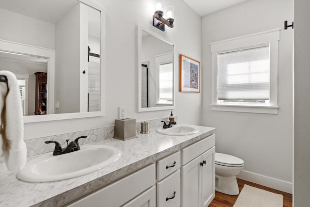 full bath featuring double vanity, baseboards, a sink, and wood finished floors