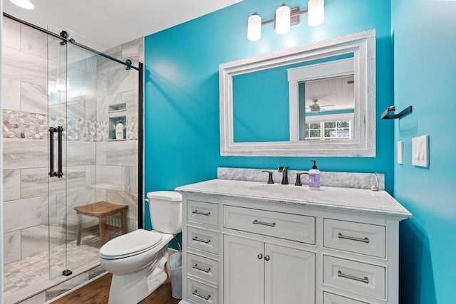 full bathroom with toilet, a shower stall, and vanity