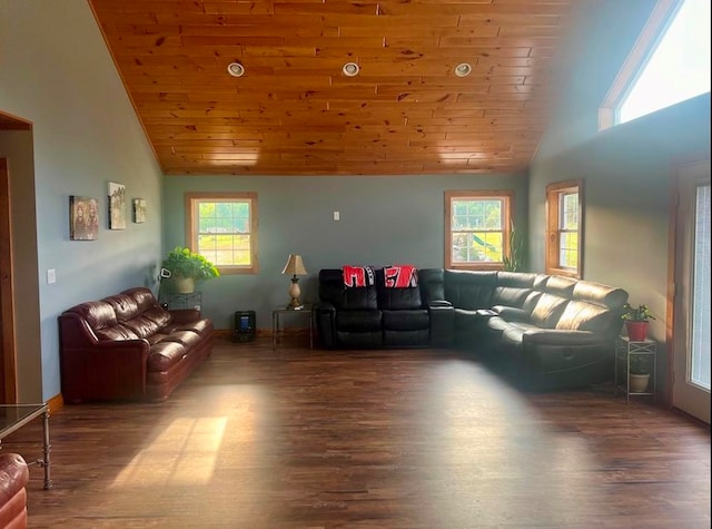 living room featuring wooden ceiling, high vaulted ceiling, wood-type flooring, and a healthy amount of sunlight