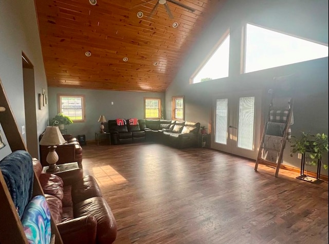 living room with a healthy amount of sunlight, high vaulted ceiling, wood-type flooring, and wooden ceiling