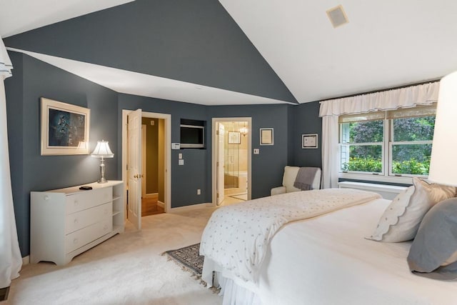 645 Woodhill Ct, Harbor Springs, MI 49740 - bedroom featuring visible vents, connected bathroom, baseboards, light colored carpet, and high vaulted ceiling