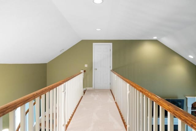 645 Woodhill Ct, Harbor Springs, MI 49740 - hallway with recessed lighting, light colored carpet, and lofted ceiling