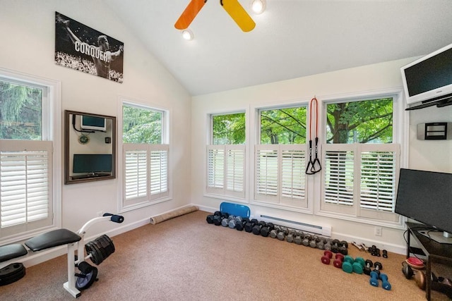 645 Woodhill Ct, Harbor Springs, MI 49740 - exercise area with lofted ceiling, a ceiling fan, recessed lighting, carpet, and baseboards