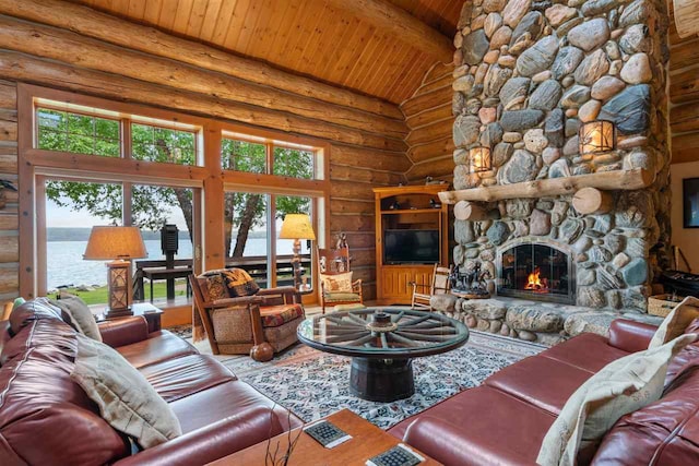 living room with log walls, wood ceiling, a stone fireplace, high vaulted ceiling, and beam ceiling