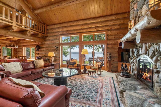 living room with a fireplace, high vaulted ceiling, beam ceiling, wood ceiling, and log walls