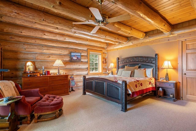 bedroom with log walls, beamed ceiling, carpet floors, wood ceiling, and ceiling fan