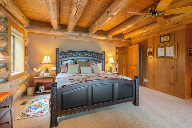 carpeted bedroom with wood ceiling, beamed ceiling, ceiling fan, and wooden walls