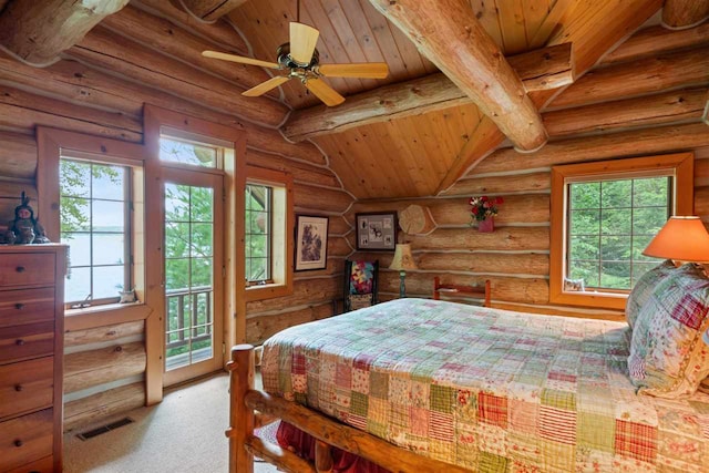 bedroom featuring log walls, wood ceiling, access to exterior, ceiling fan, and vaulted ceiling with beams