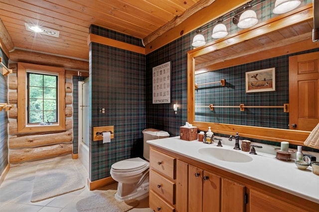 full bathroom featuring vanity, wood ceiling, toilet, enclosed tub / shower combo, and rustic walls